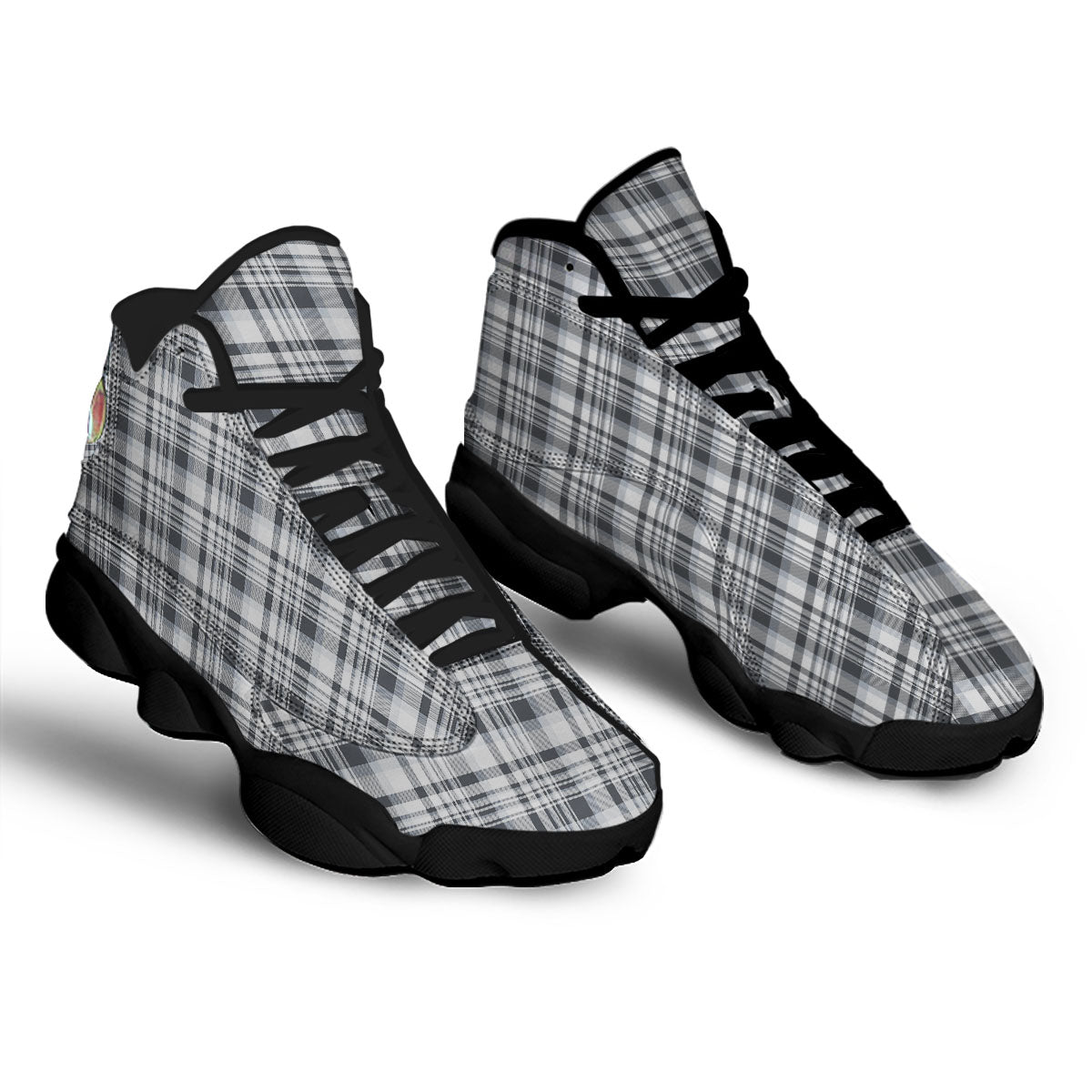 Border Tartan White And Grey Print Black Basketball Shoes-grizzshop