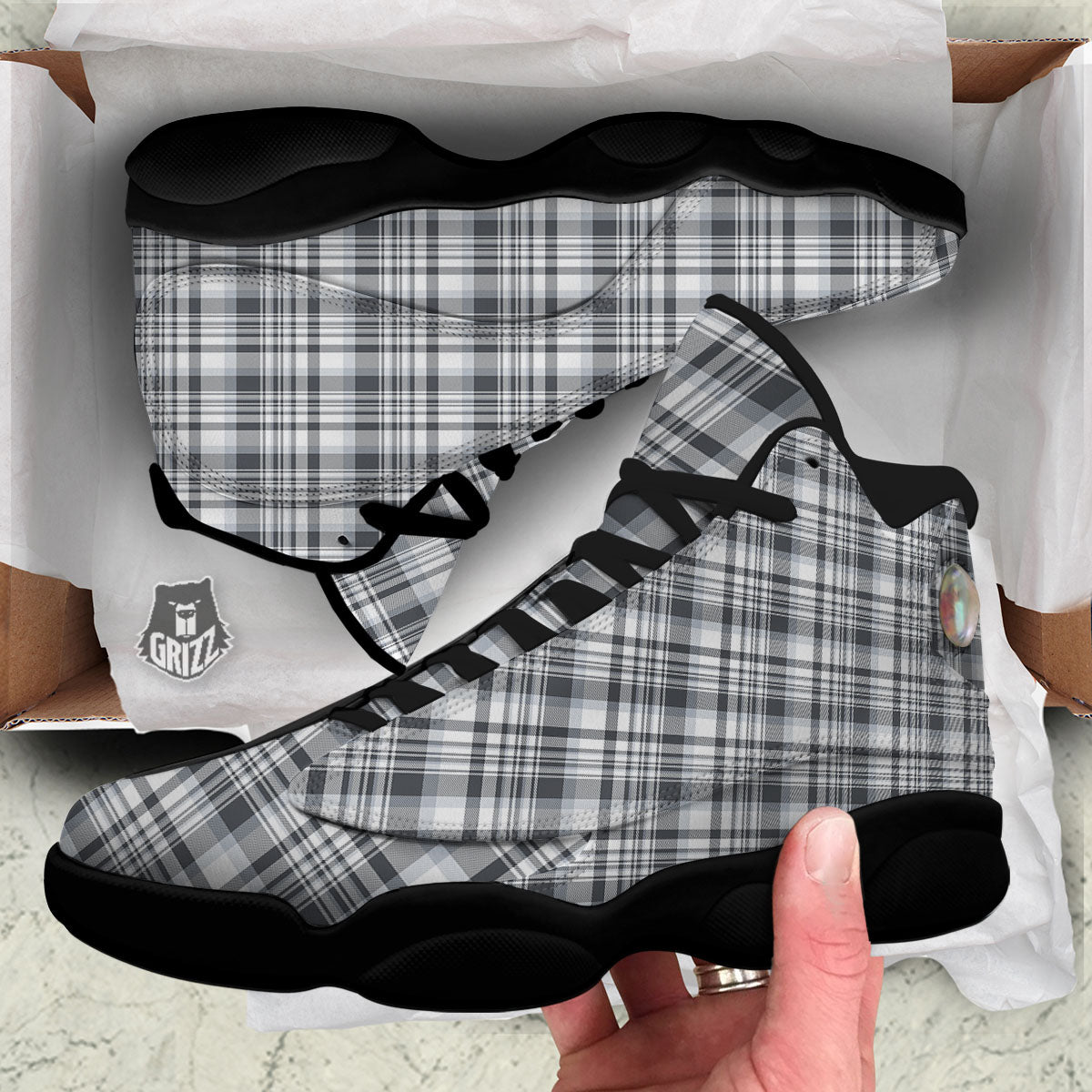 Border Tartan White And Grey Print Black Basketball Shoes-grizzshop