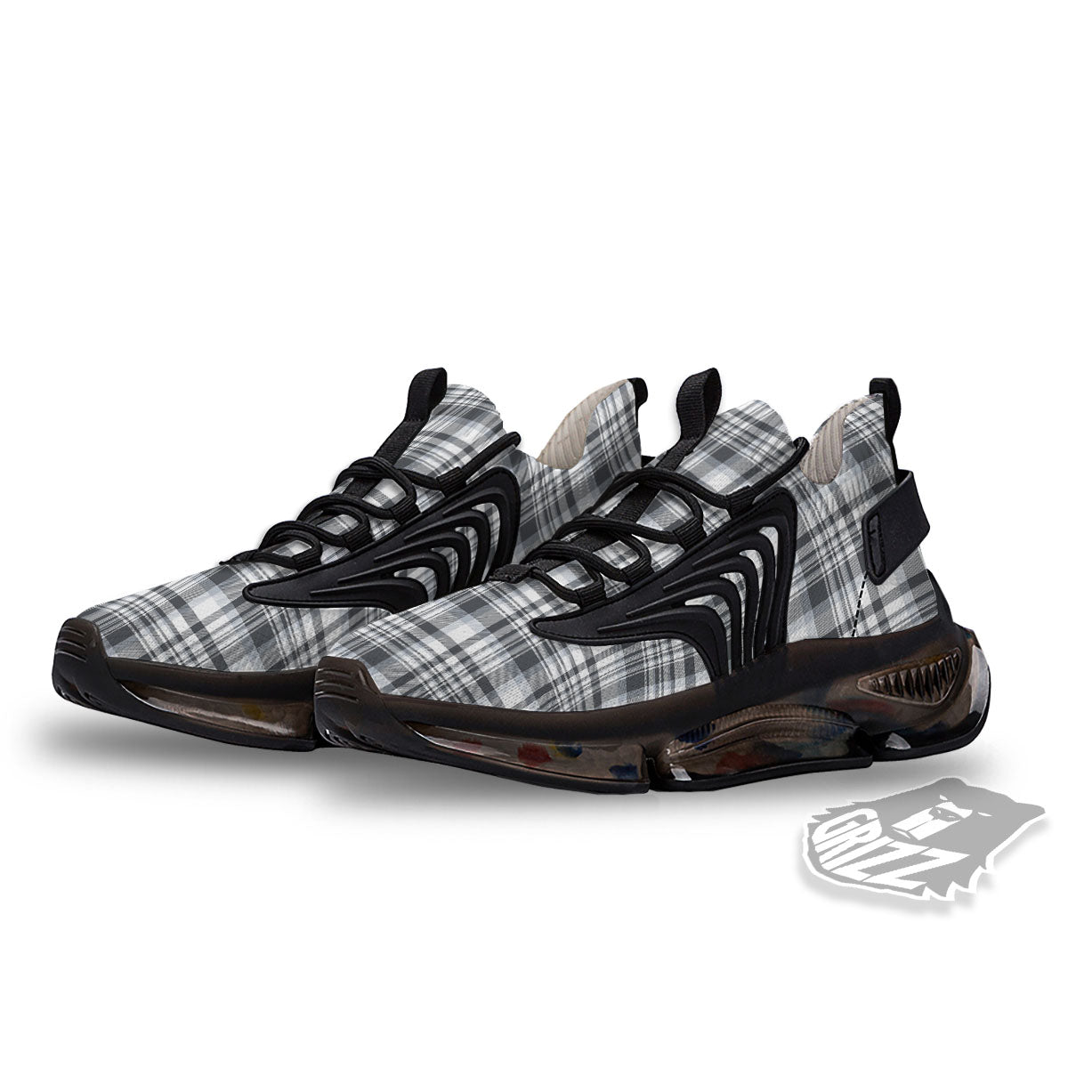 Border Tartan White And Grey Print Black Gym Shoes-grizzshop