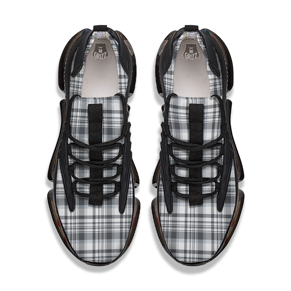Border Tartan White And Grey Print Black Gym Shoes-grizzshop