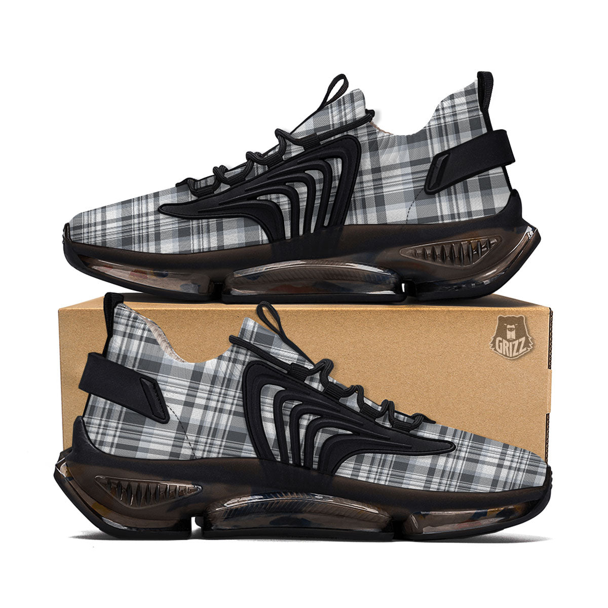 Border Tartan White And Grey Print Black Gym Shoes-grizzshop