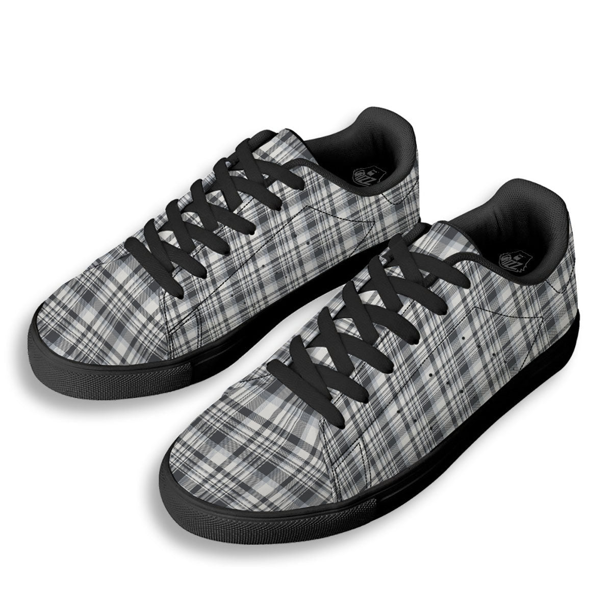 Border Tartan White And Grey Print Black Low Top Sneakers-grizzshop