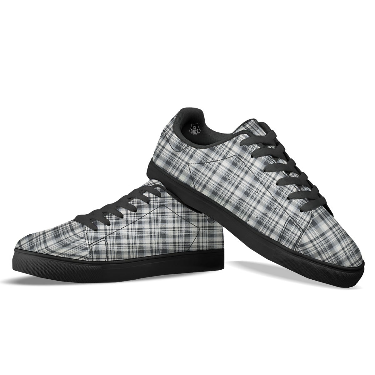 Border Tartan White And Grey Print Black Low Top Sneakers-grizzshop