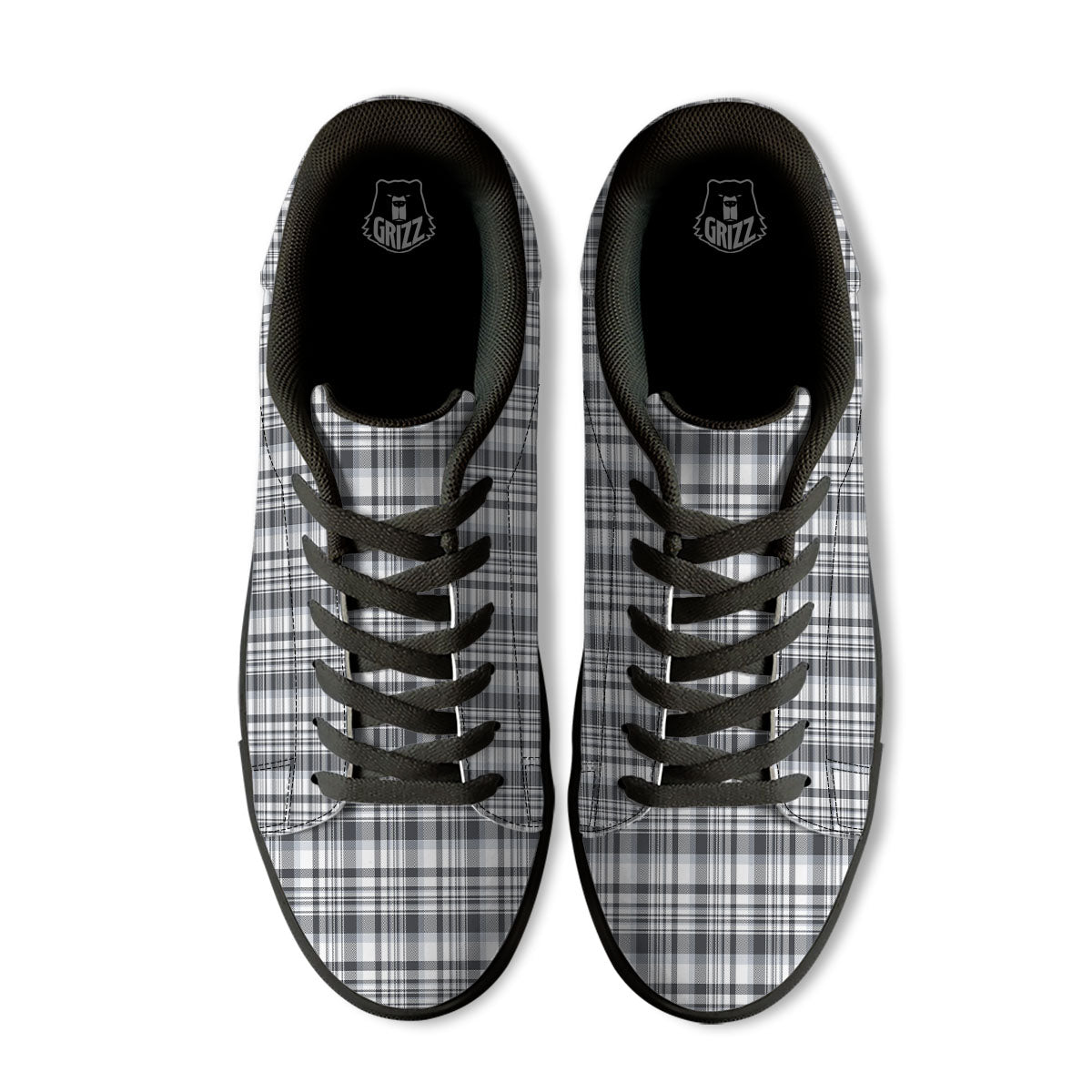 Border Tartan White And Grey Print Black Low Top Sneakers-grizzshop