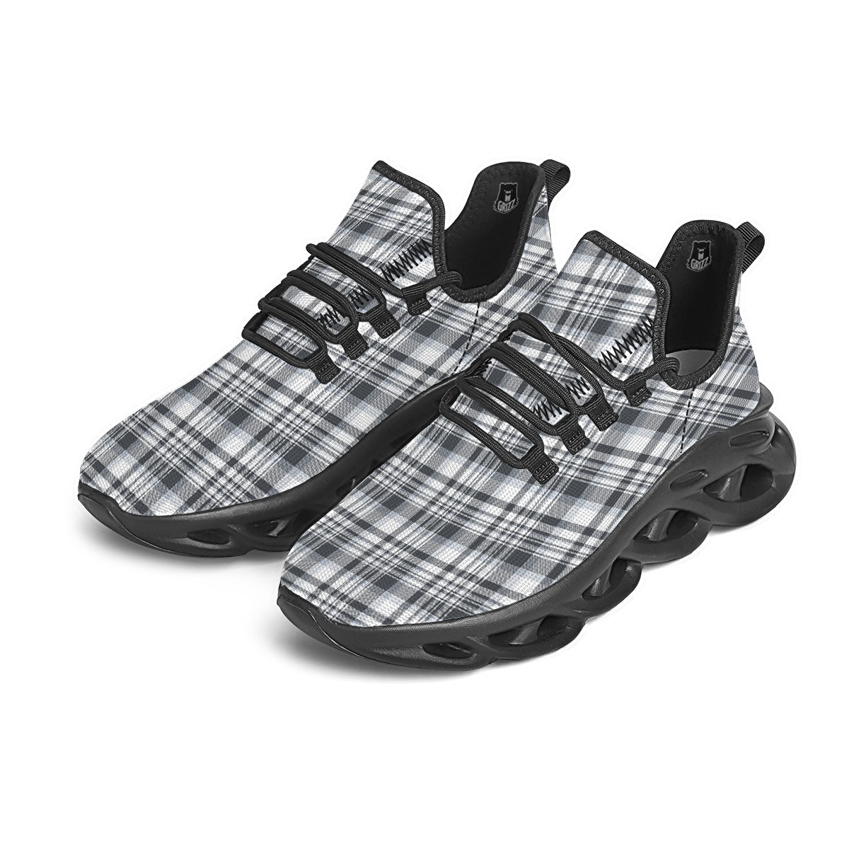 Border Tartan White And Grey Print Black Running Shoes-grizzshop