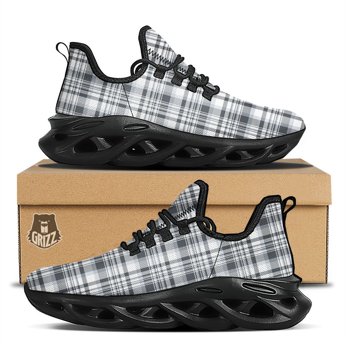 Border Tartan White And Grey Print Black Running Shoes-grizzshop