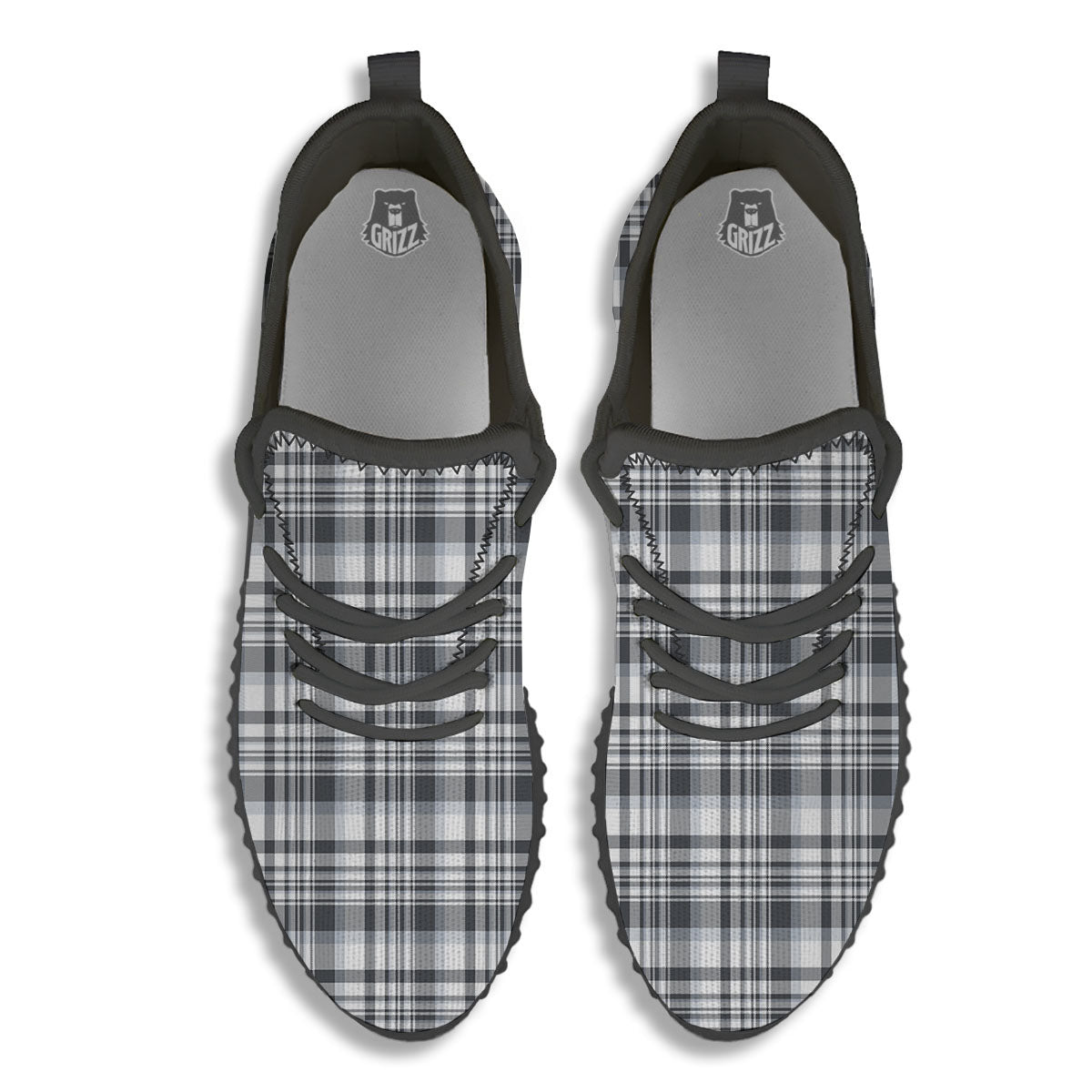 Border Tartan White And Grey Print Black Walking Shoes-grizzshop