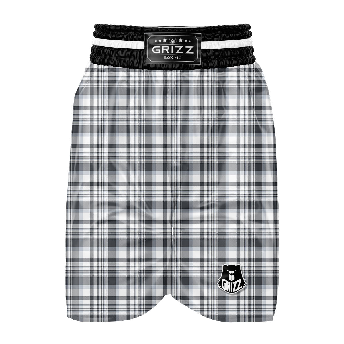 Border Tartan White And Grey Print Boxing Shorts-grizzshop