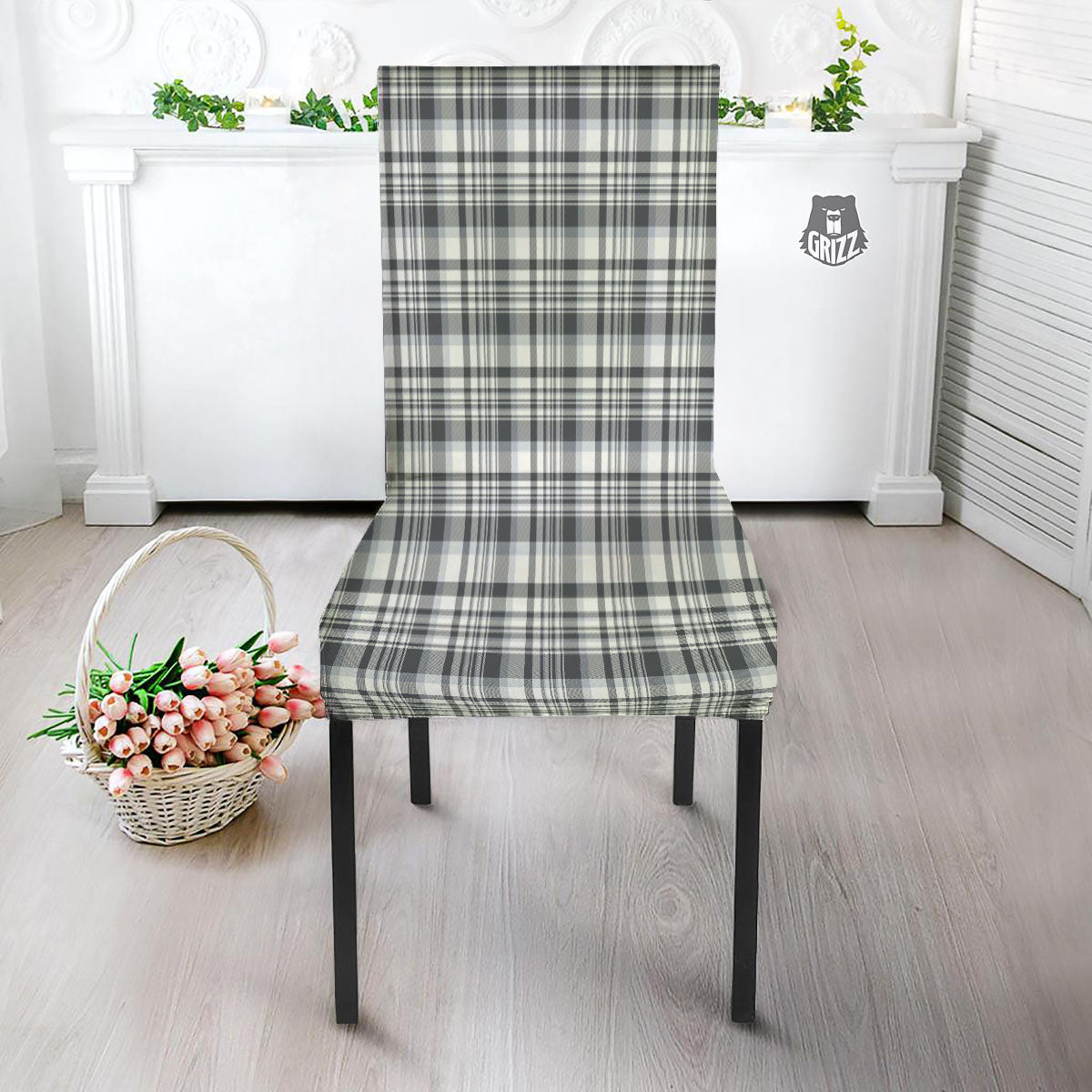 Border Tartan White And Grey Print Dining Chair Slipcover-grizzshop