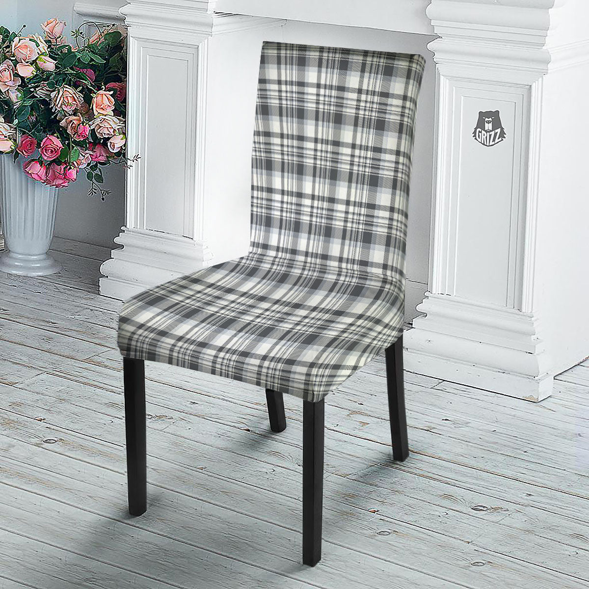 Border Tartan White And Grey Print Dining Chair Slipcover-grizzshop