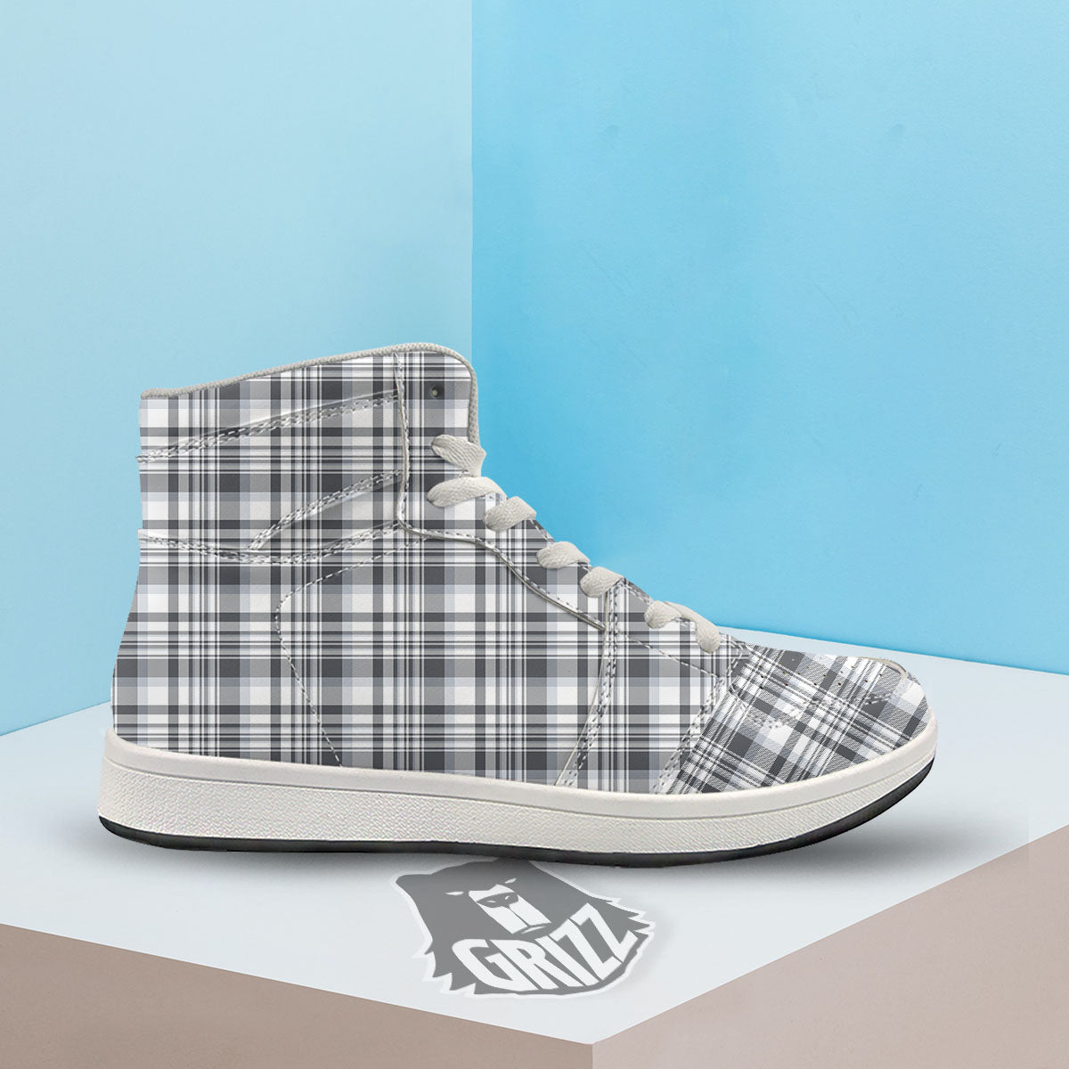 Border Tartan White And Grey Print High Top Sneakers-grizzshop
