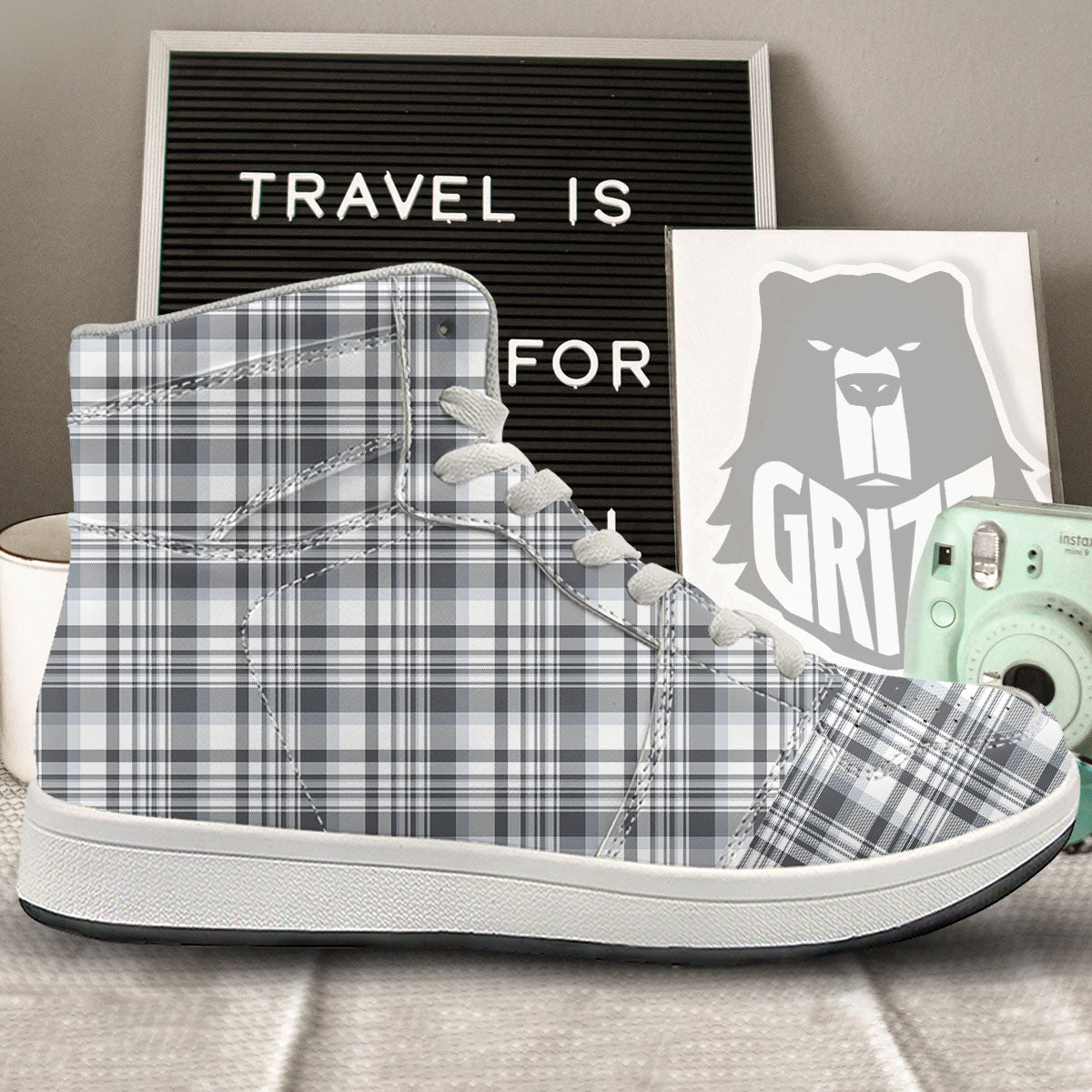 Border Tartan White And Grey Print High Top Sneakers-grizzshop