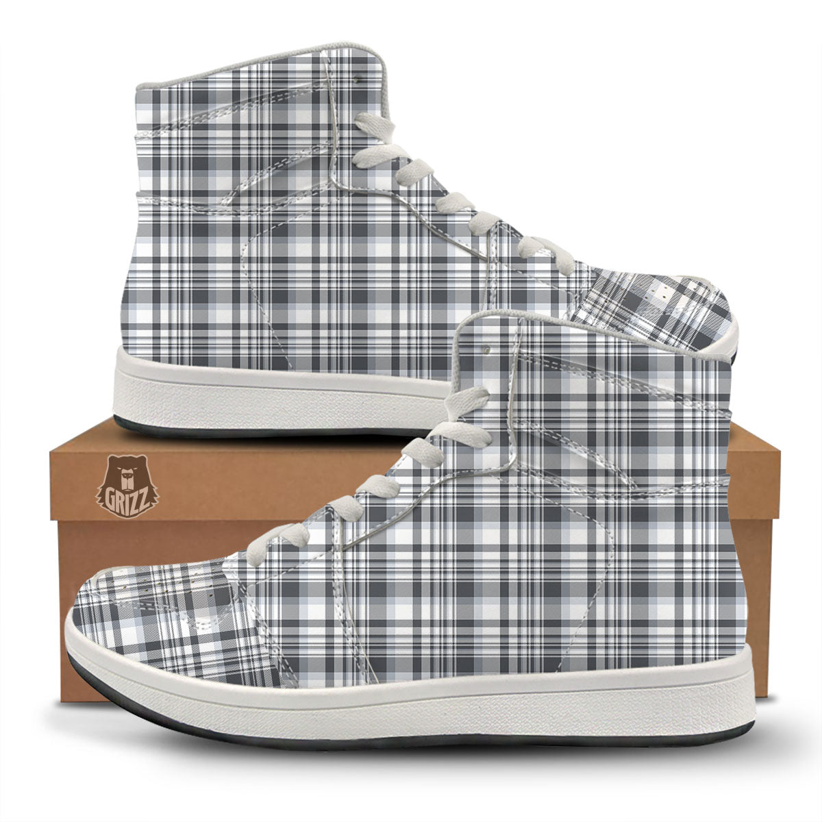 Border Tartan White And Grey Print High Top Sneakers-grizzshop