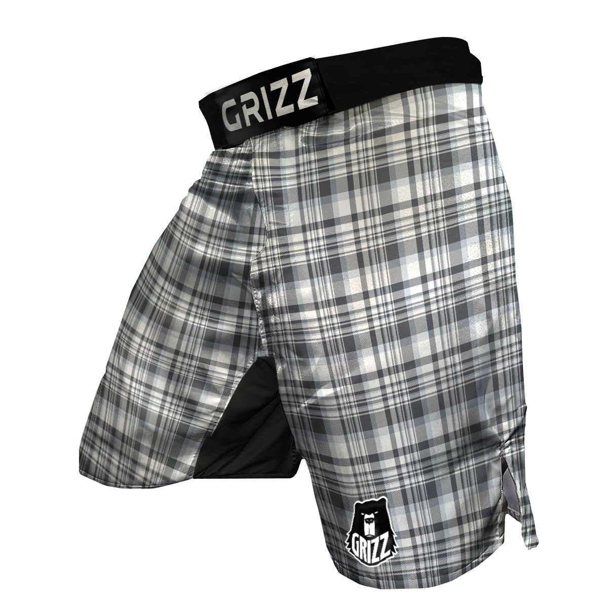 Border Tartan White And Grey Print MMA Shorts-grizzshop
