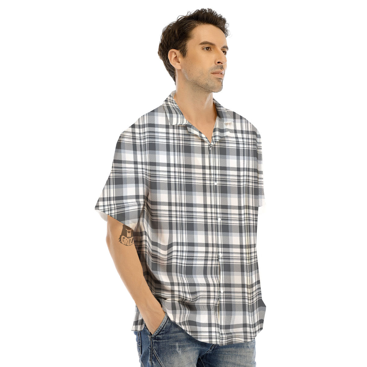 Border Tartan White And Grey Print Men's Hawaiian Shirt-grizzshop