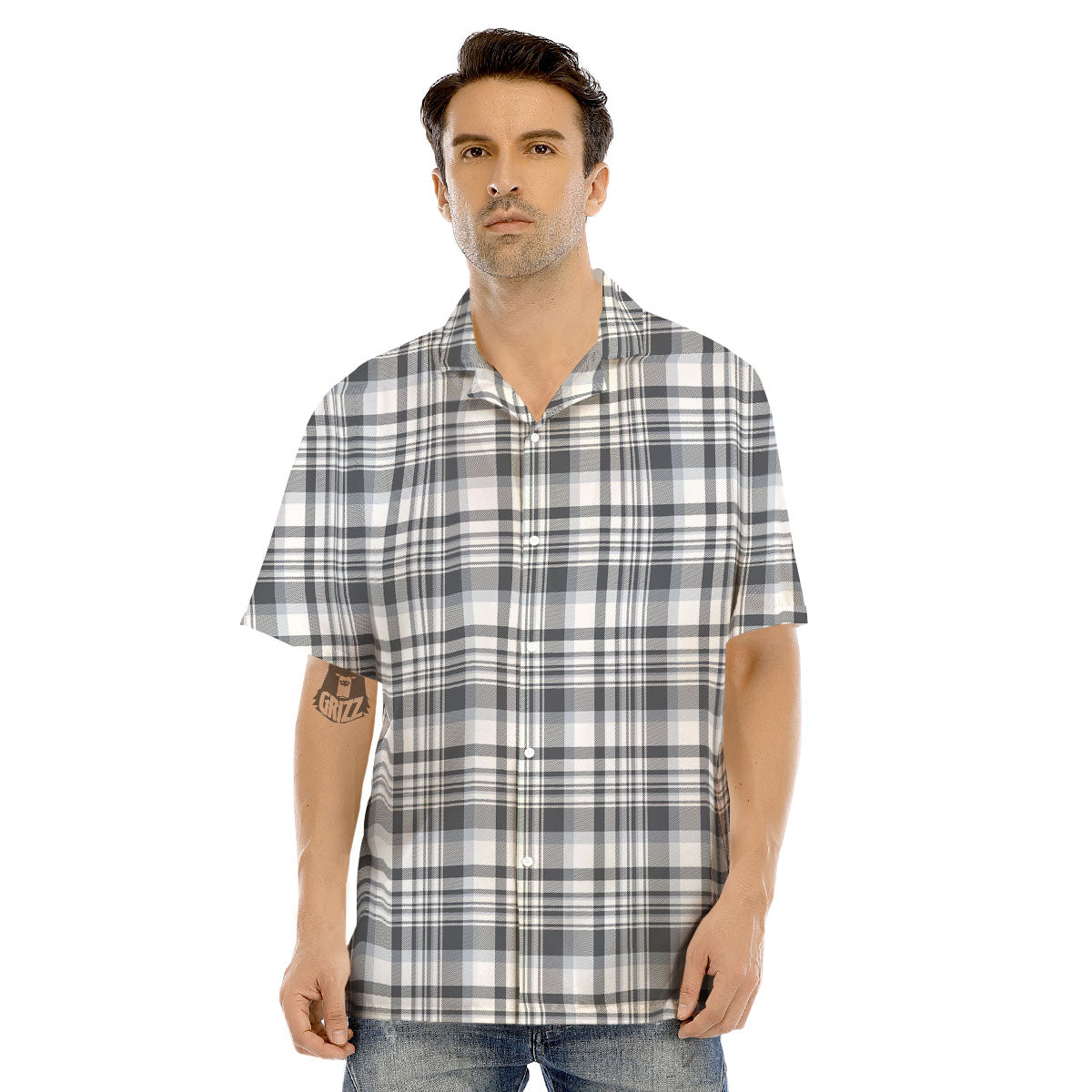 Border Tartan White And Grey Print Men's Hawaiian Shirt-grizzshop