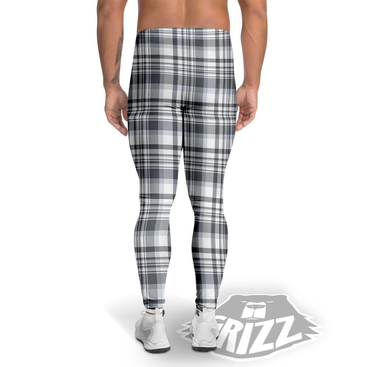 Border Tartan White And Grey Print Men's Leggings-grizzshop