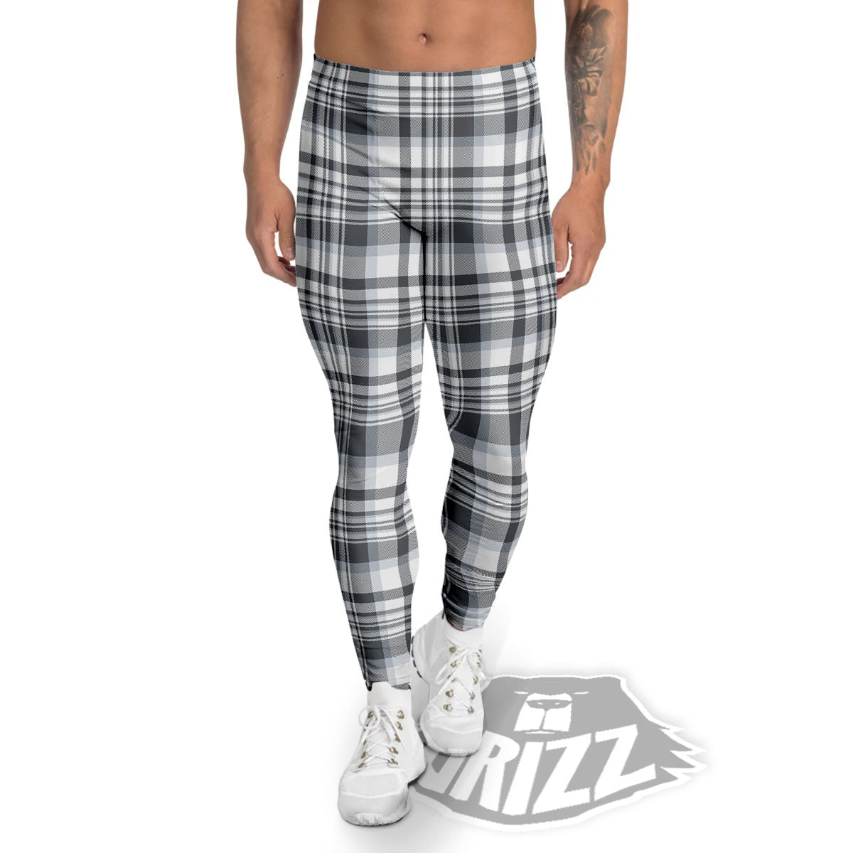 Border Tartan White And Grey Print Men's Leggings-grizzshop