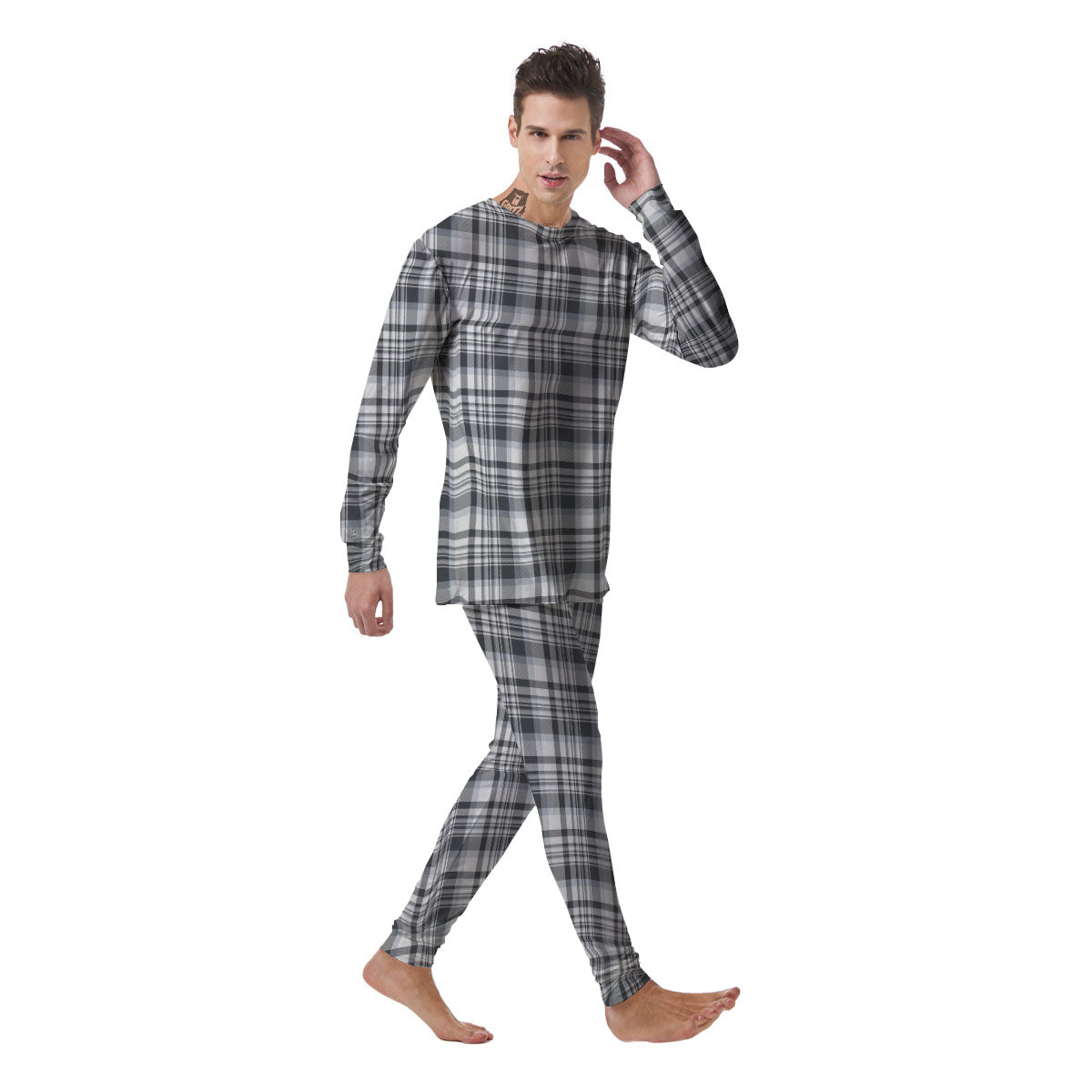 Border Tartan White And Grey Print Men's Pajamas-grizzshop