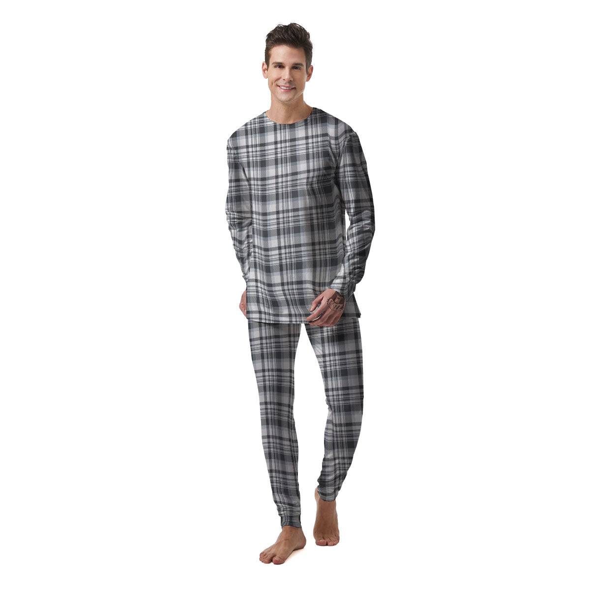 Border Tartan White And Grey Print Men's Pajamas-grizzshop