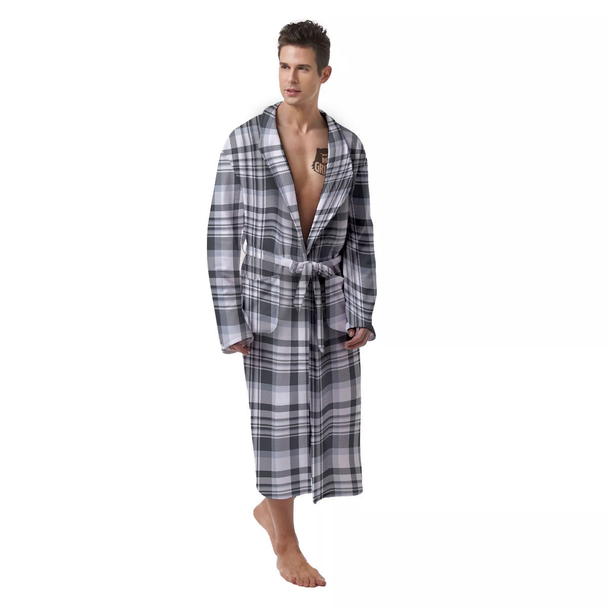 Border Tartan White And Grey Print Men's Robe-grizzshop