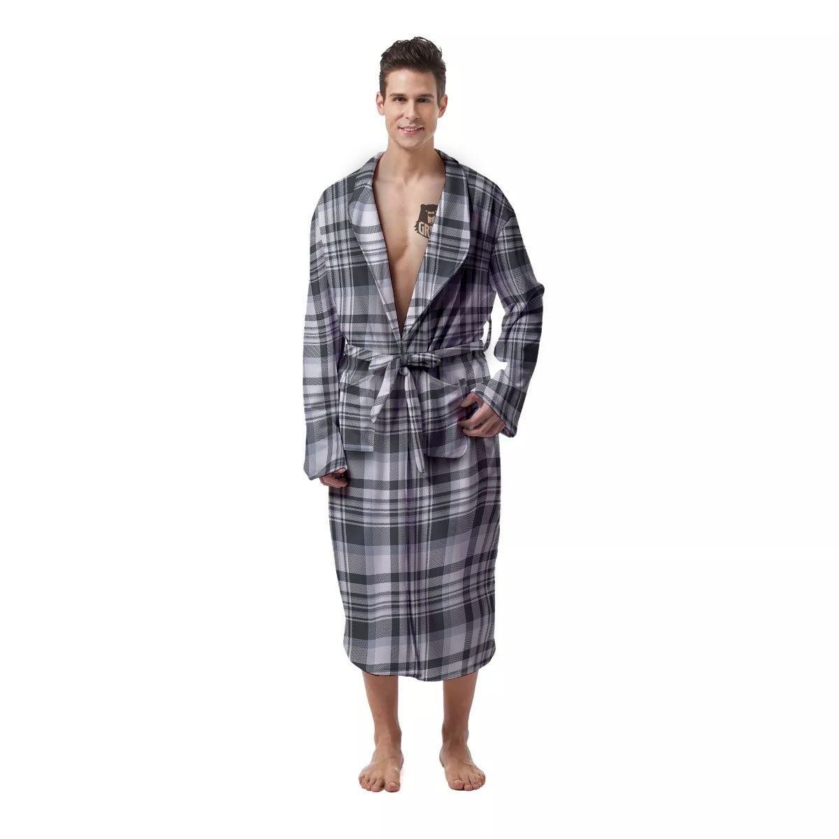 Border Tartan White And Grey Print Men's Robe-grizzshop