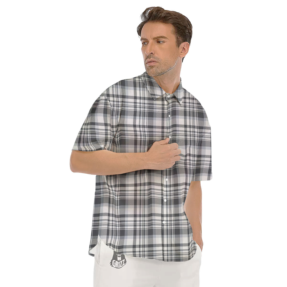 Border Tartan White And Grey Print Men's Short Sleeve Shirts-grizzshop