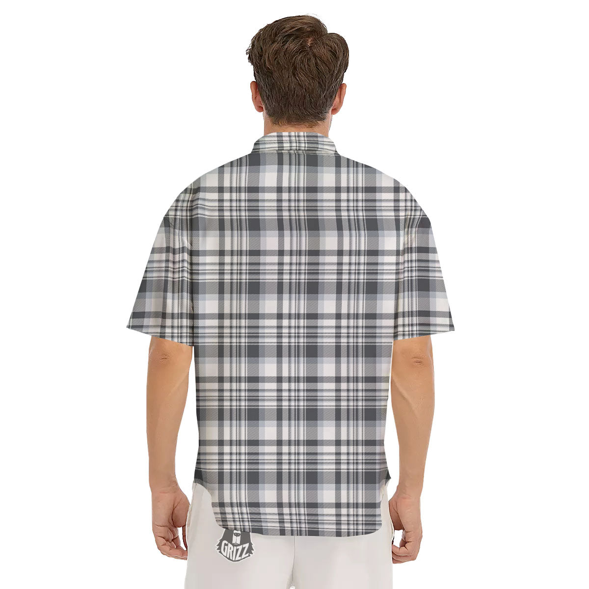 Border Tartan White And Grey Print Men's Short Sleeve Shirts-grizzshop