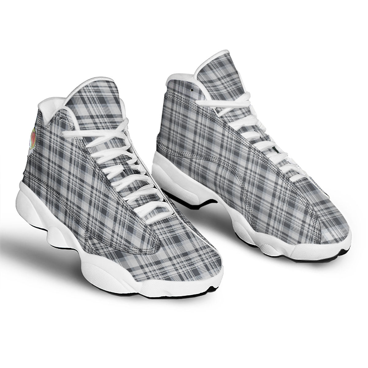 Border Tartan White And Grey Print White Basketball Shoes-grizzshop