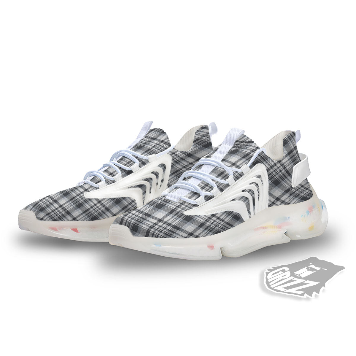 Border Tartan White And Grey Print White Gym Shoes-grizzshop
