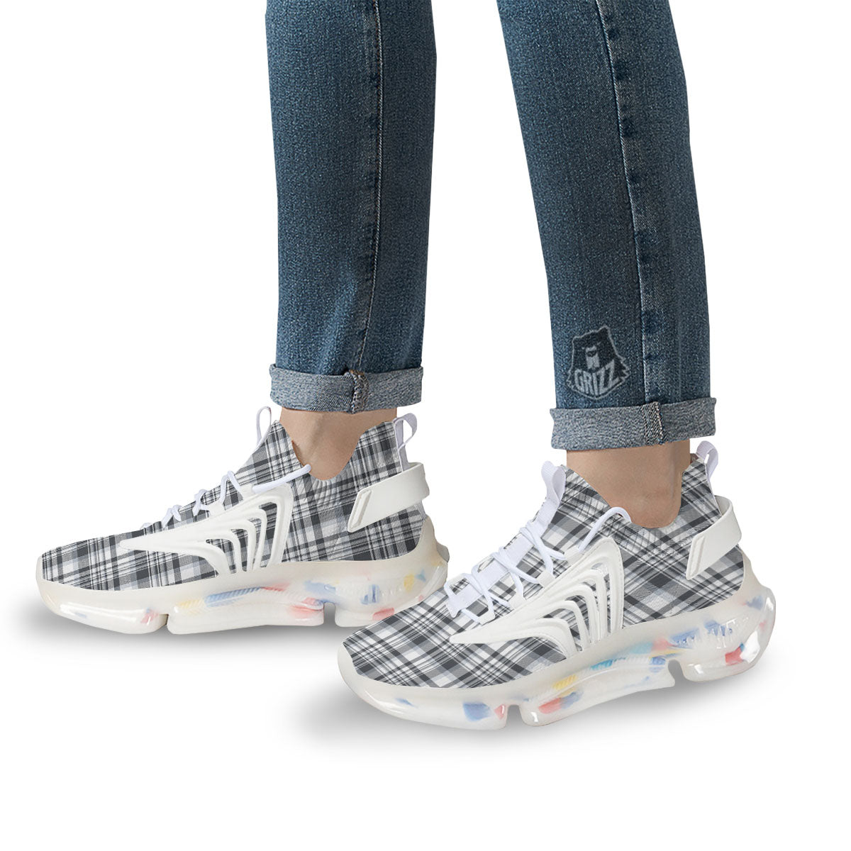 Border Tartan White And Grey Print White Gym Shoes-grizzshop