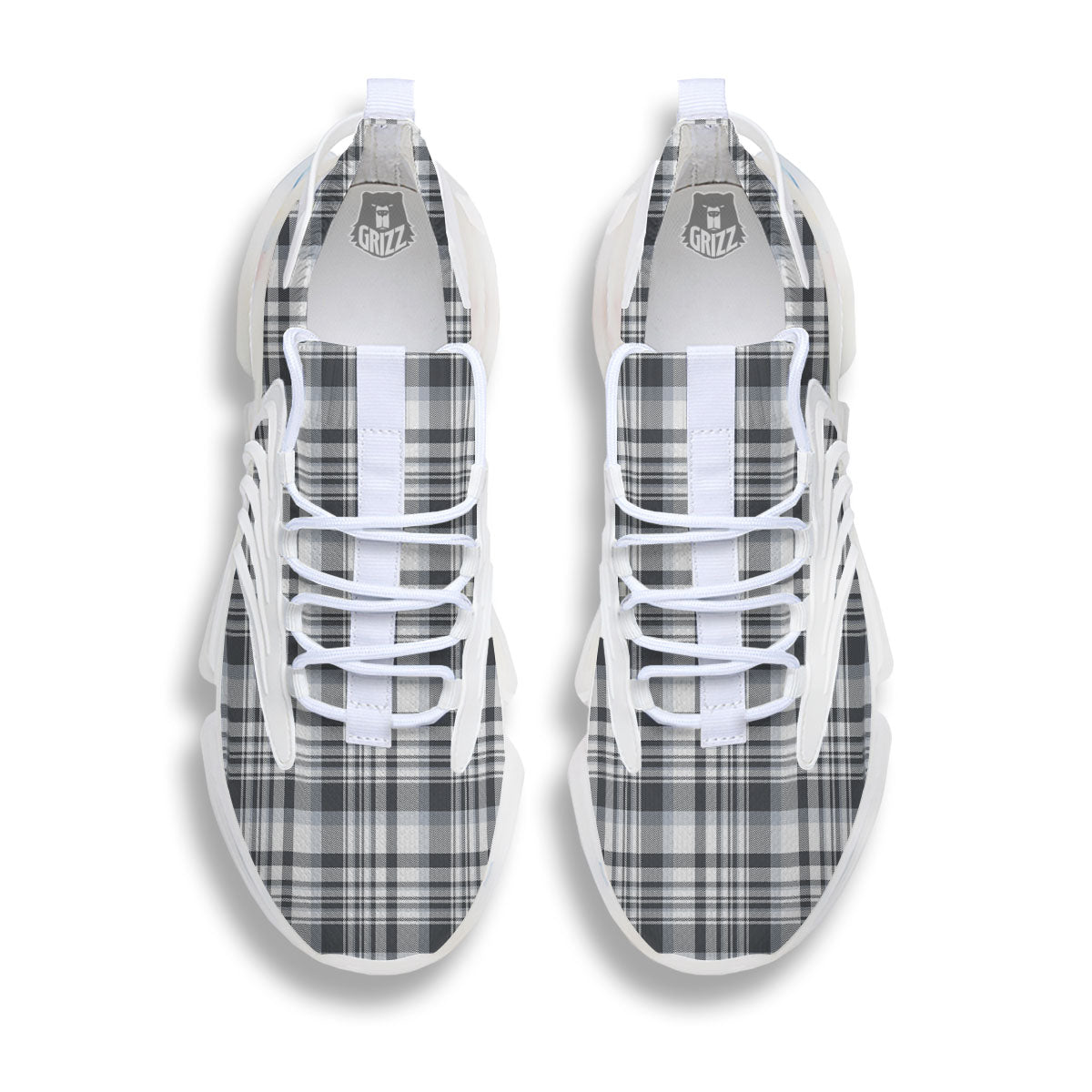 Border Tartan White And Grey Print White Gym Shoes-grizzshop
