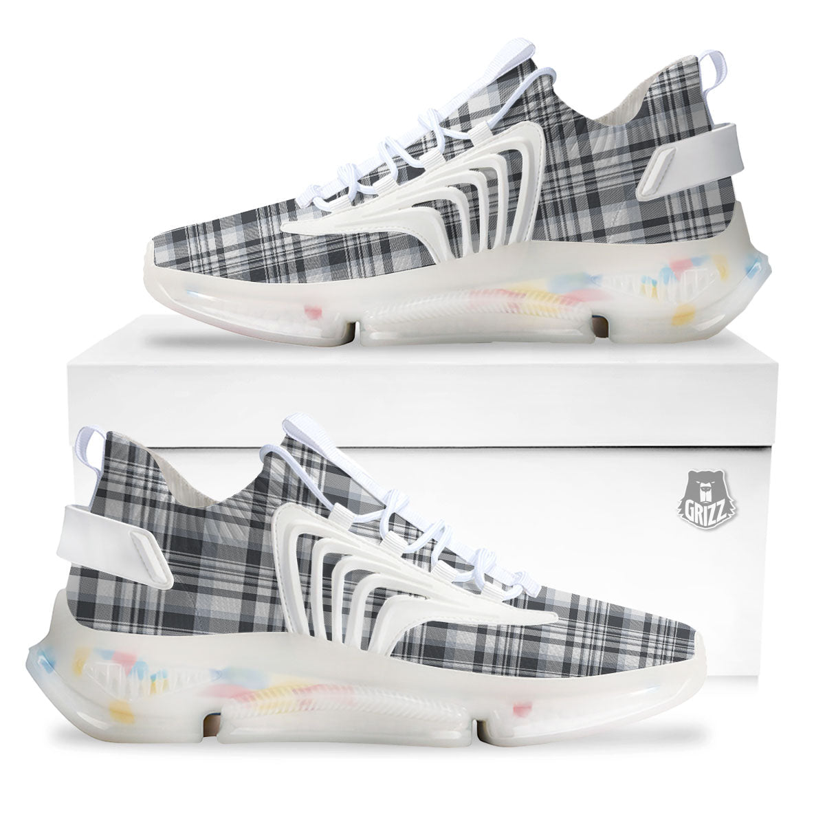 Border Tartan White And Grey Print White Gym Shoes-grizzshop