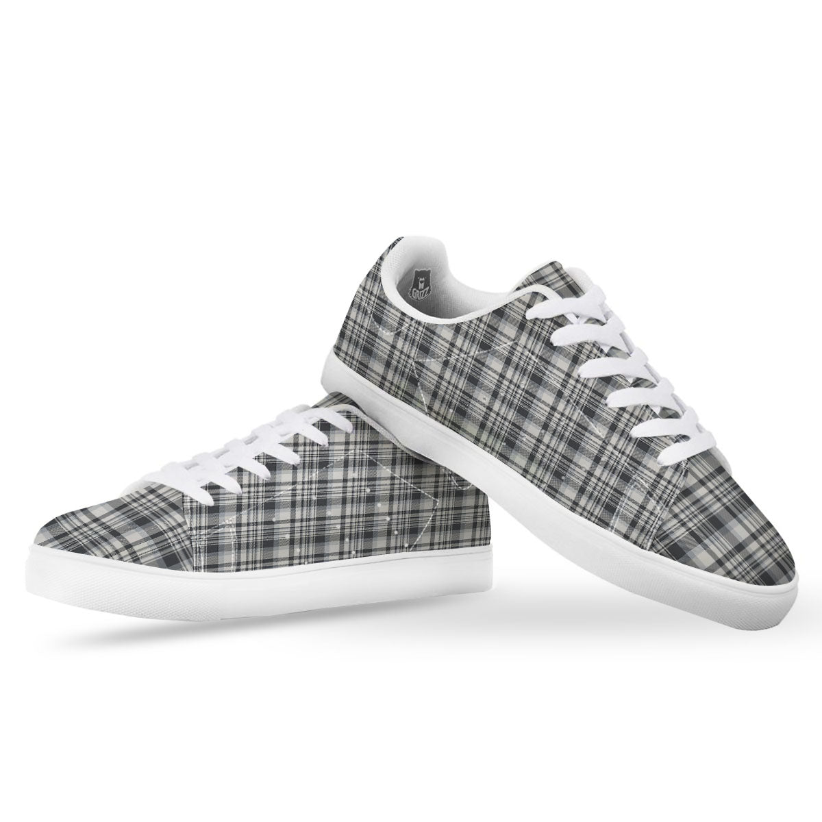 Border Tartan White And Grey Print White Low Top Sneakers-grizzshop