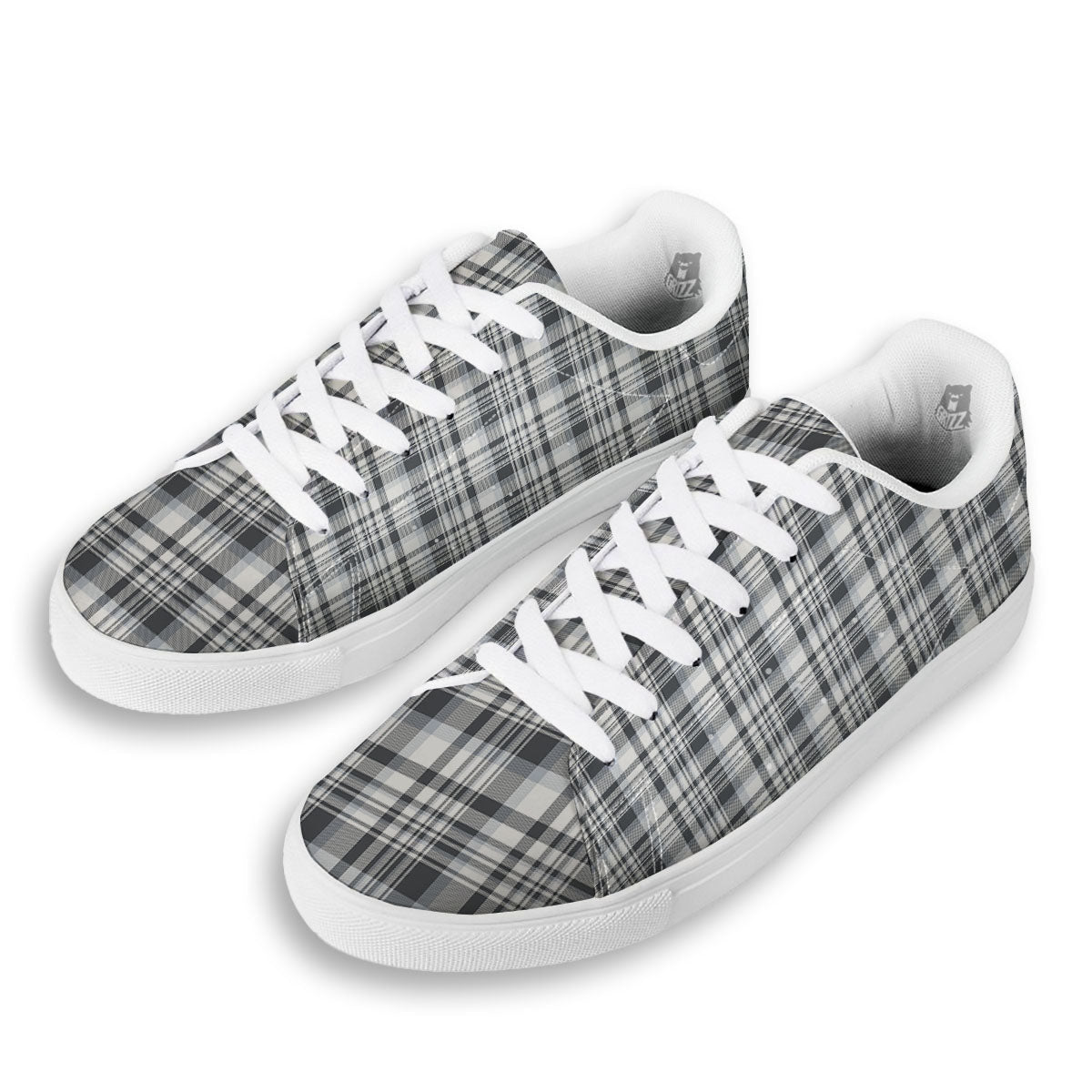 Border Tartan White And Grey Print White Low Top Sneakers-grizzshop
