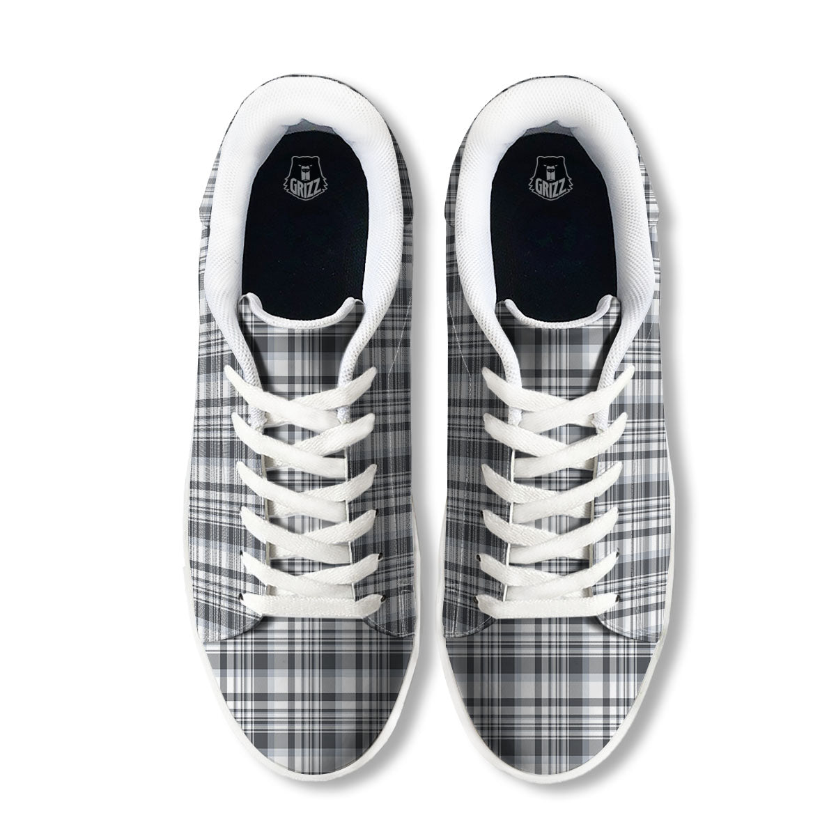 Border Tartan White And Grey Print White Low Top Sneakers-grizzshop