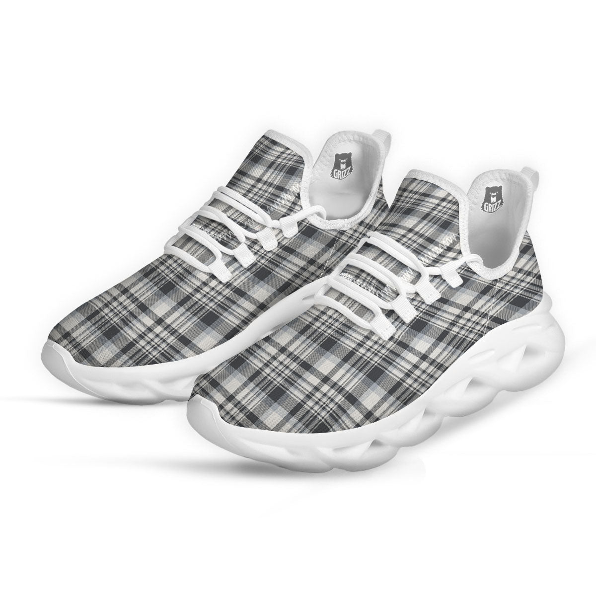 Border Tartan White And Grey Print White Running Shoes-grizzshop