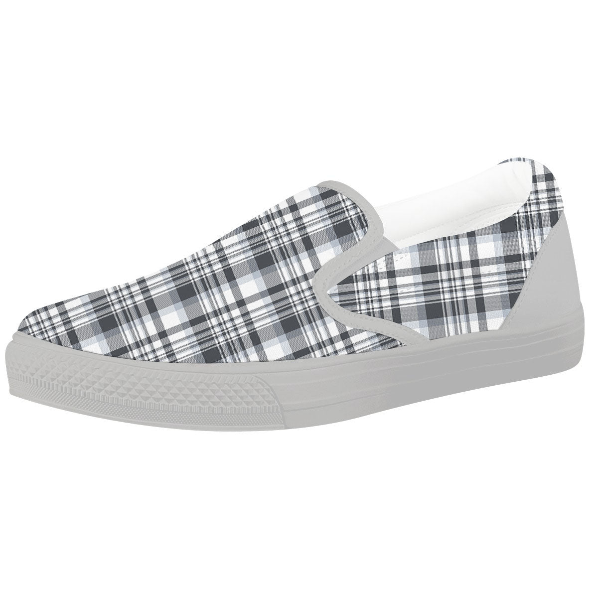 Border Tartan White And Grey Print White Slip On Shoes-grizzshop