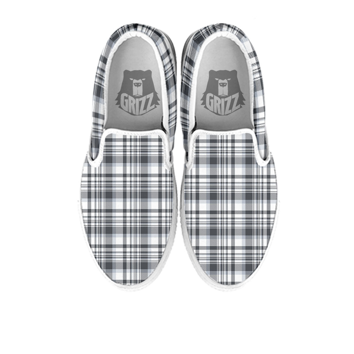 Border Tartan White And Grey Print White Slip On Shoes-grizzshop