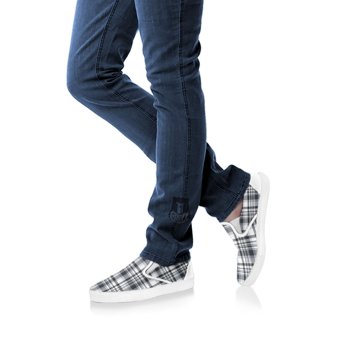 Border Tartan White And Grey Print White Slip On Shoes-grizzshop