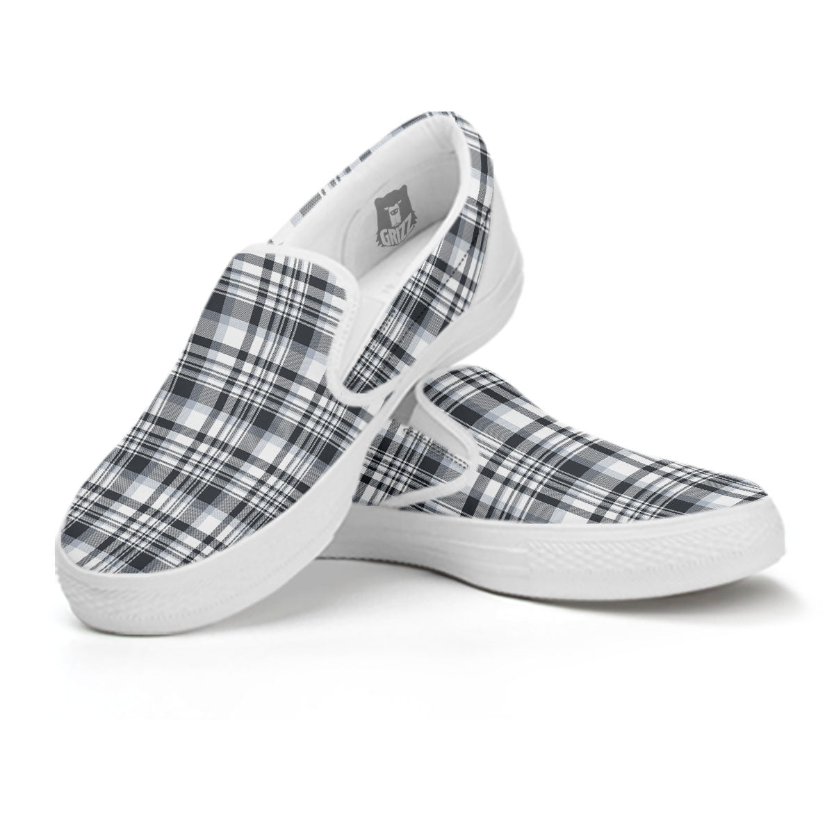 Border Tartan White And Grey Print White Slip On Shoes-grizzshop