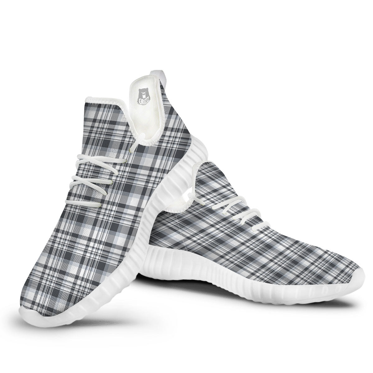 Border Tartan White And Grey Print White Walking Shoes-grizzshop
