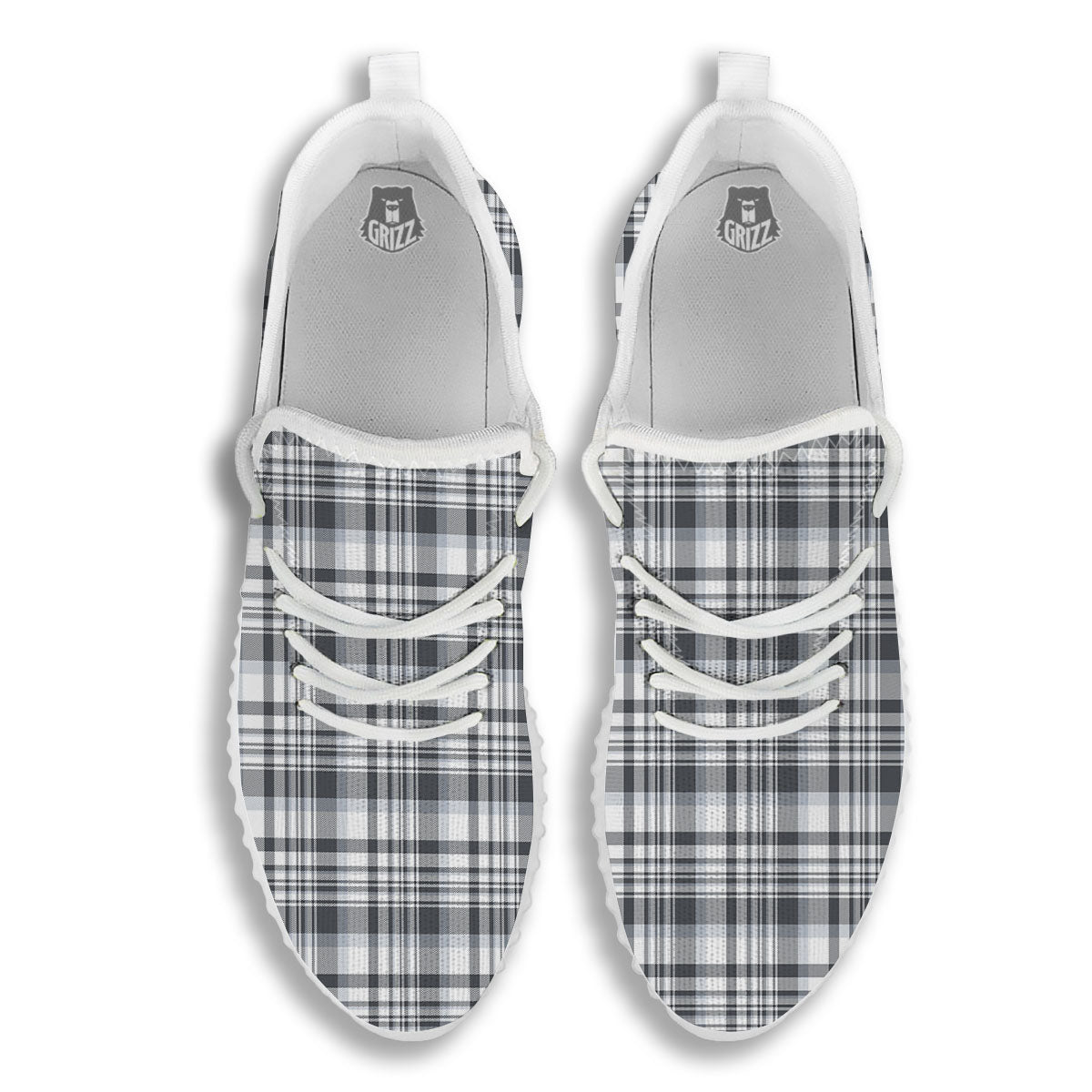 Border Tartan White And Grey Print White Walking Shoes-grizzshop