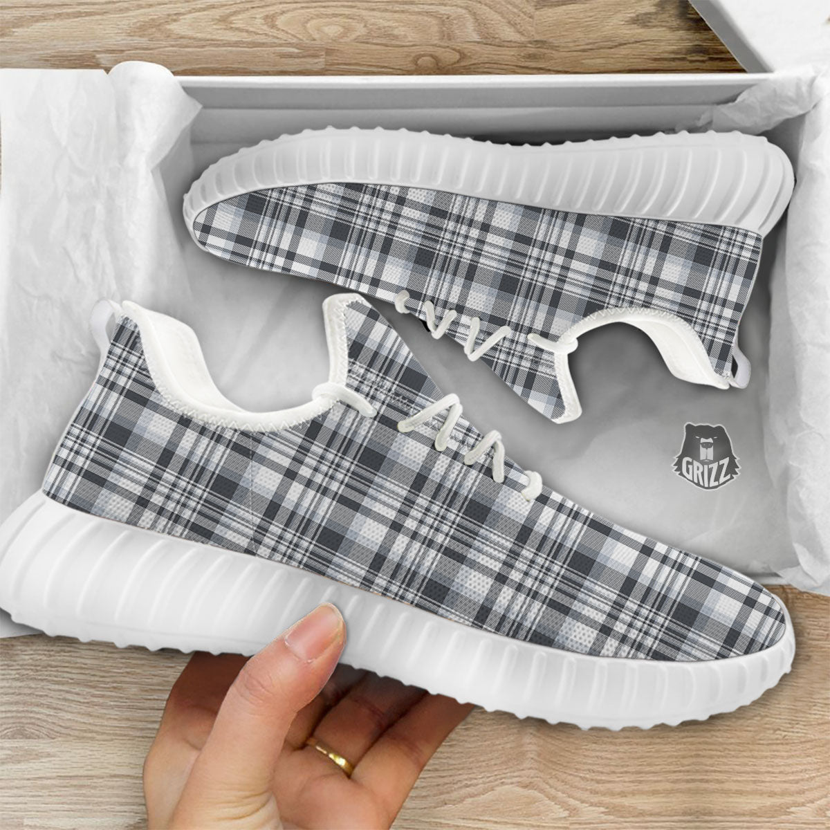 Border Tartan White And Grey Print White Walking Shoes-grizzshop