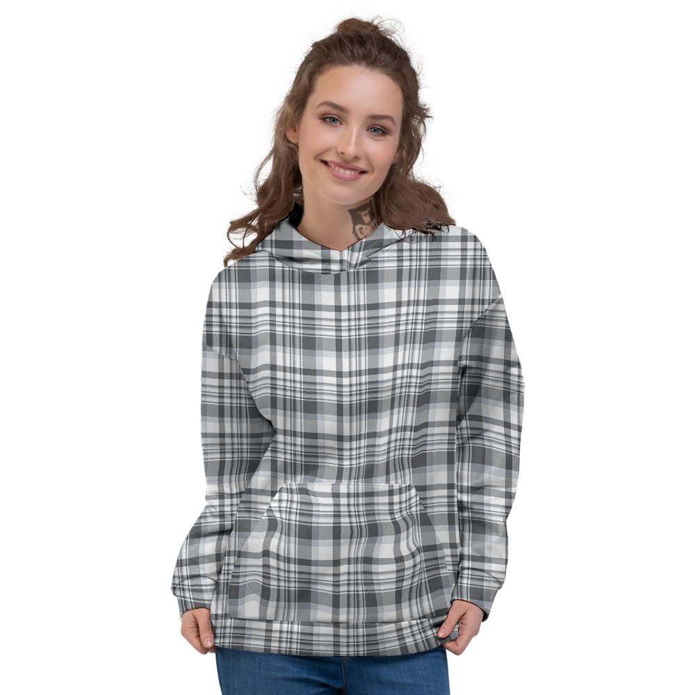 Border Tartan White And Grey Print Women's Hoodie-grizzshop