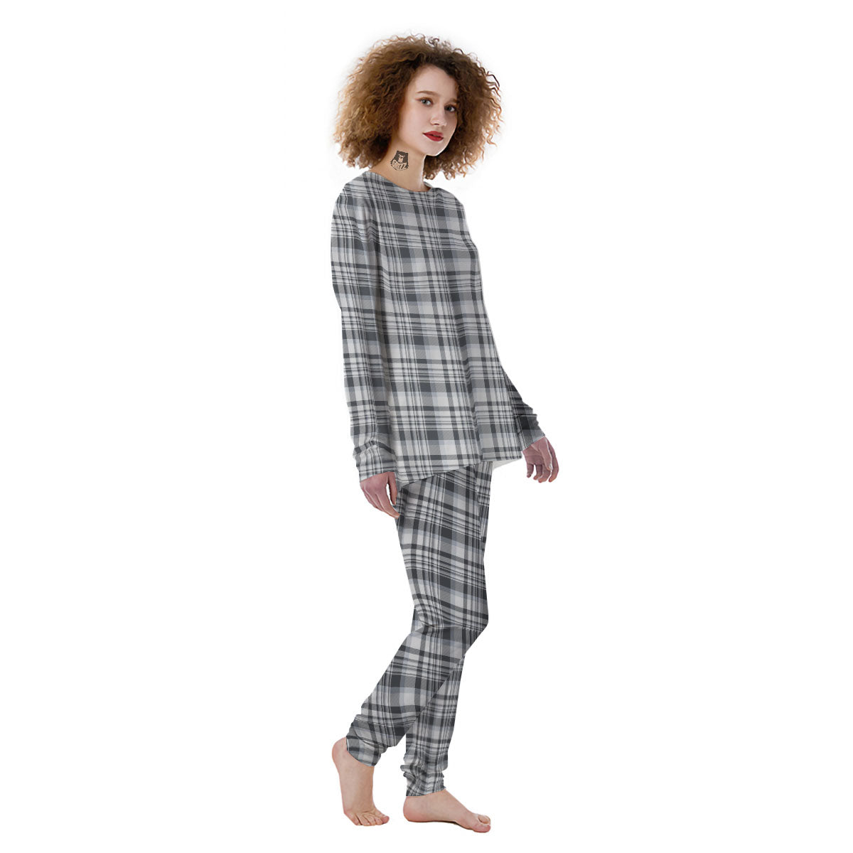 Border Tartan White And Grey Print Women's Pajamas-grizzshop