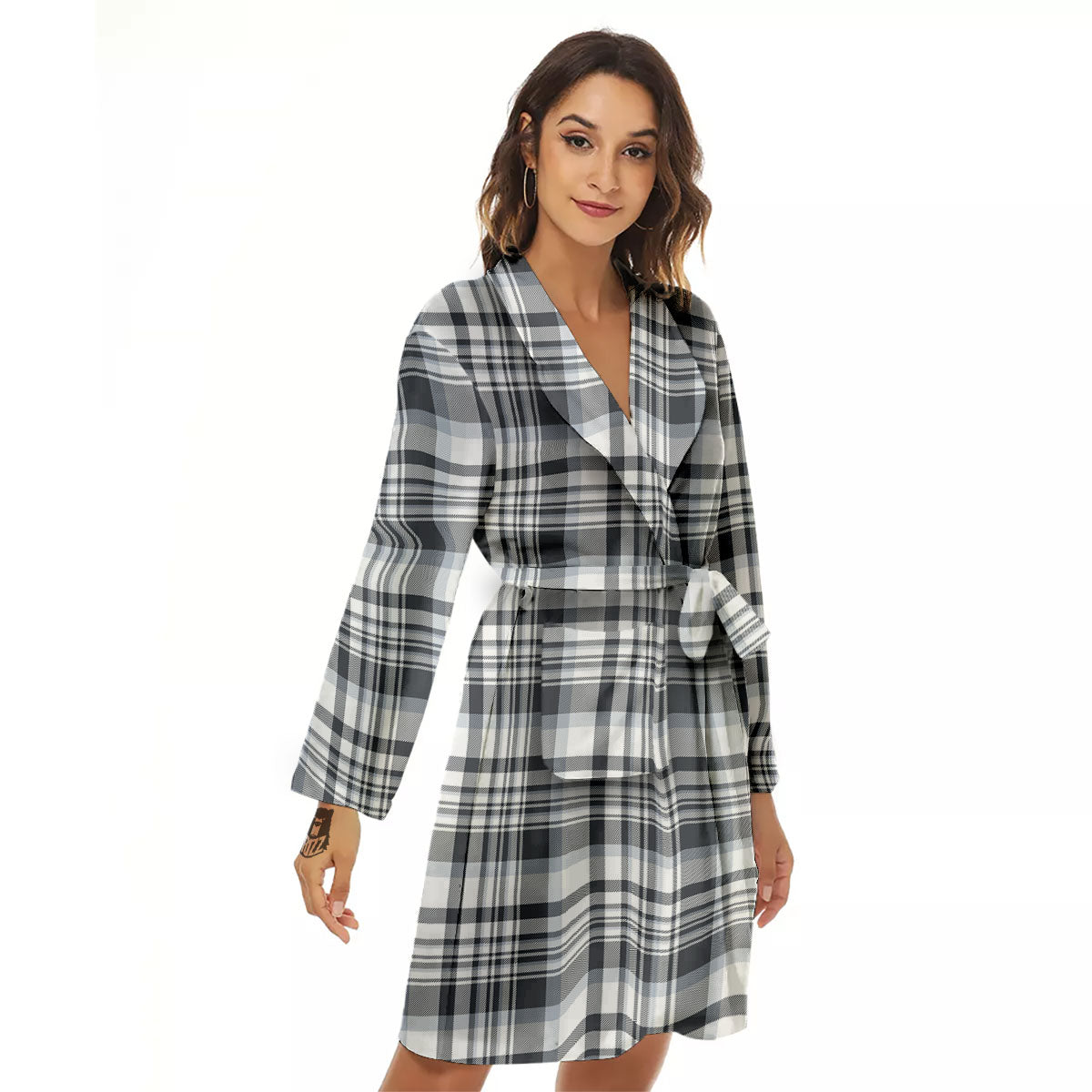 Border Tartan White And Grey Print Women's Robe-grizzshop