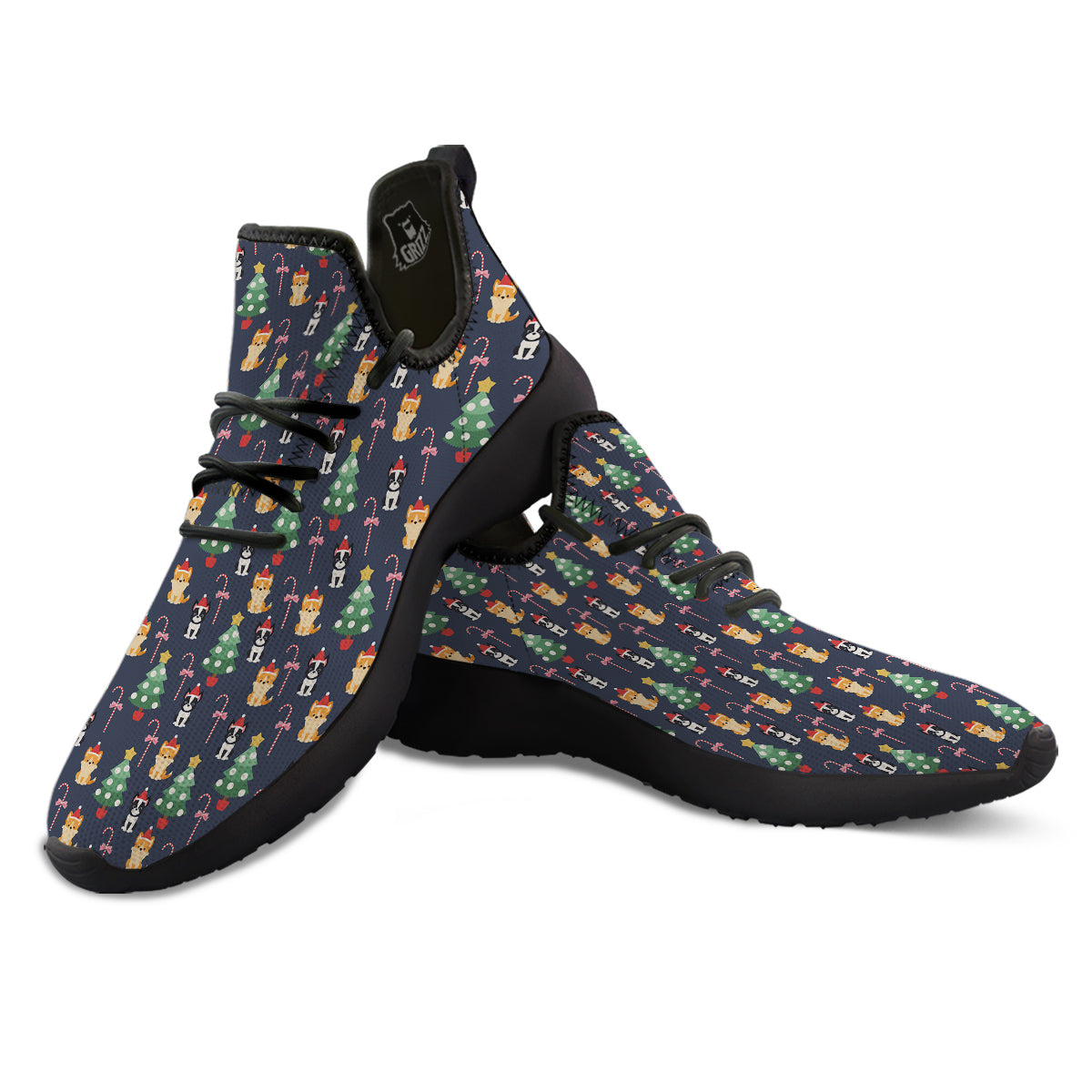 Boston Terrier And Corgi Christmas Print Black Athletic Shoes-grizzshop