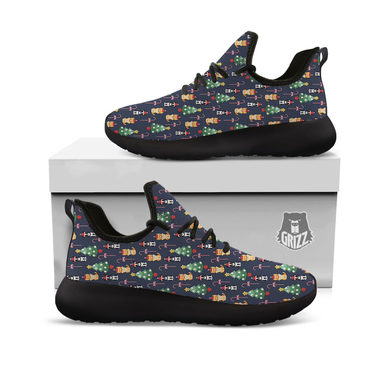 Boston Terrier And Corgi Christmas Print Black Athletic Shoes-grizzshop