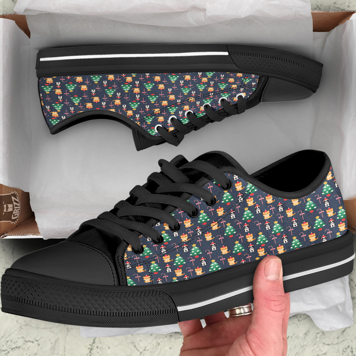 Boston Terrier And Corgi Christmas Print Black Low Top Shoes-grizzshop